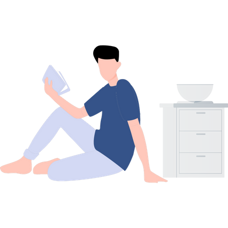 Boy reading book while sitting on floor  Illustration