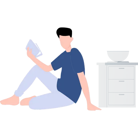 Boy reading book while sitting on floor  Illustration