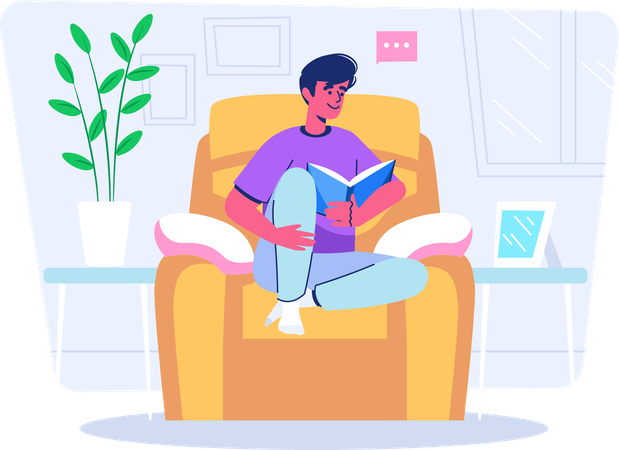 Boy reading book while sitting on sofa at home  Illustration