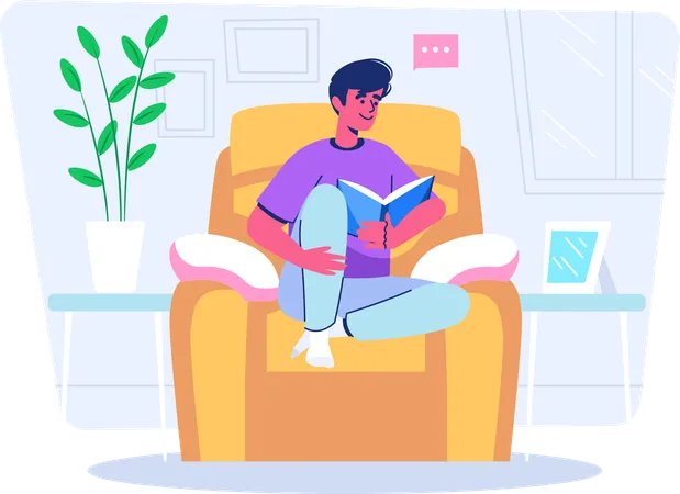 Boy reading book while sitting on sofa at home  Illustration