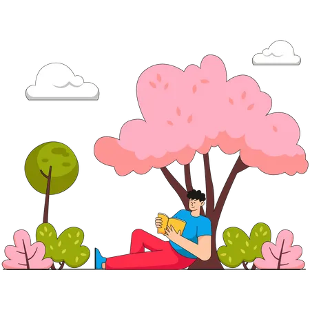 Boy reading book while sitting under tree  Illustration