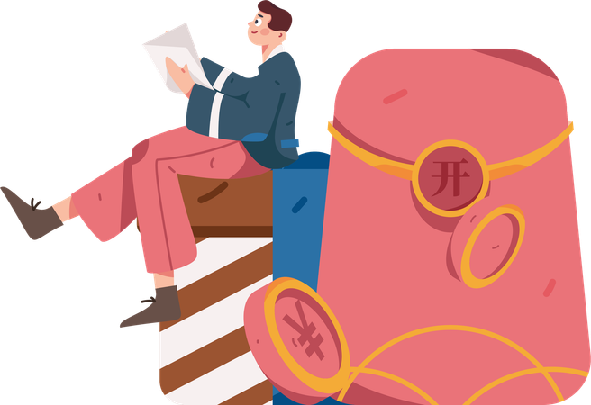 Boy reading information about Yen coin  Illustration