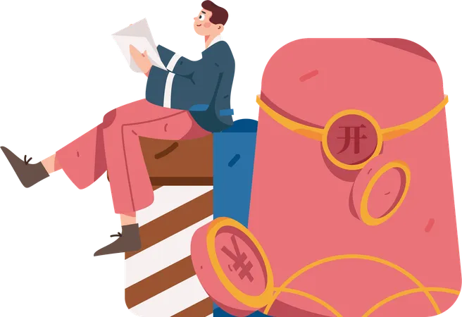 Boy reading information about Yen coin  Illustration