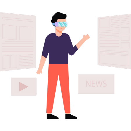 Boy reading news through VR glasses  Illustration