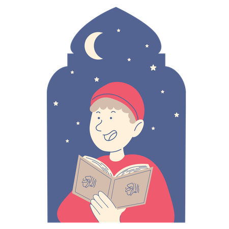 Boy Reading Quran Happily  Illustration