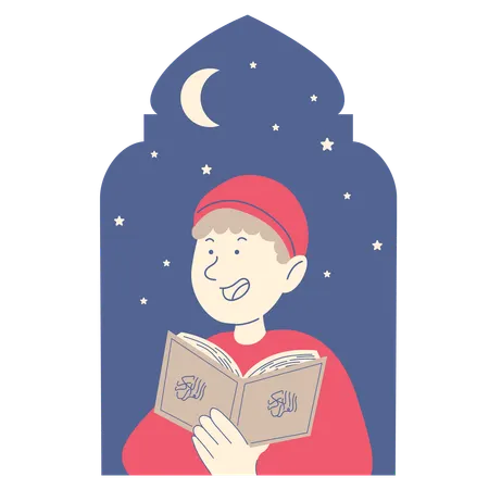 Boy Reading Quran Happily  Illustration