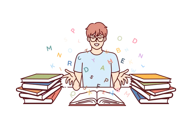 Boy Student Reads Books And Gets New Knowledge From Classical Literature Or Professional Textbooks Teenage Bookworm Sits At Table With Books And Closing Eyes Imagines Flying Letters Illustration