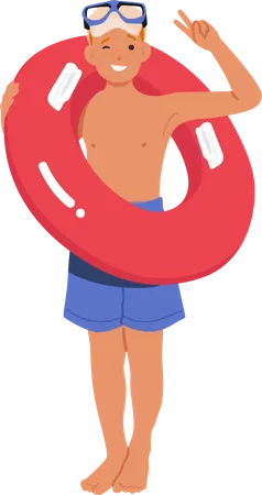Child Holds Inflatable Ring Ready For Playing In Swimming Pool Or At The Beach The Image Depicts A Carefree Summer Moment Perfect For Vacation Or Travel Related Content Cartoon Vector Illustration Illustration