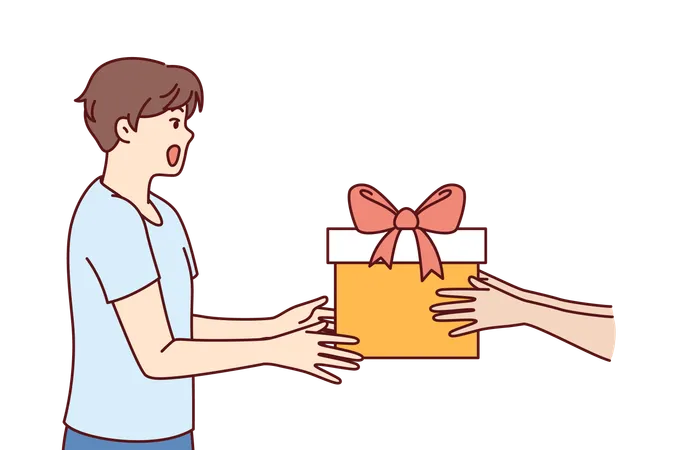 Joyful Boy Receives Gift Box With Red Ribbon On Eve Of Birthday Or Christmas Holidays Hands With Big Gift Box Near Teenager Schoolboy For Concept Of Present Or Award For Academic Achievement Illustration