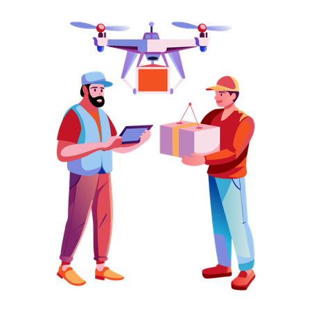 Boy receiving drone delivery  Illustration