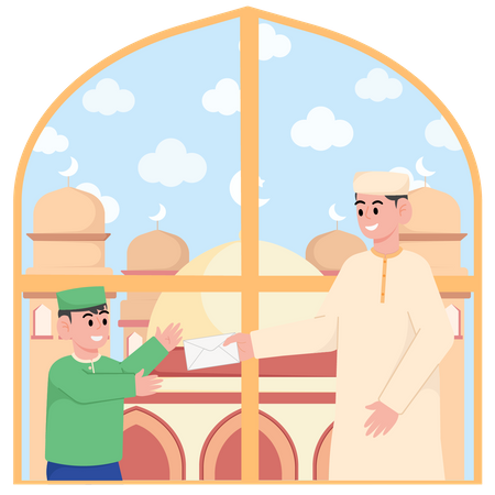 Boy receiving money from father on Ramadan  Illustration