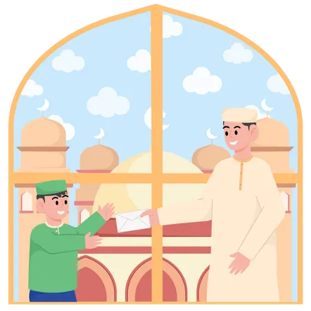 Boy receiving money from father on Ramadan  Illustration