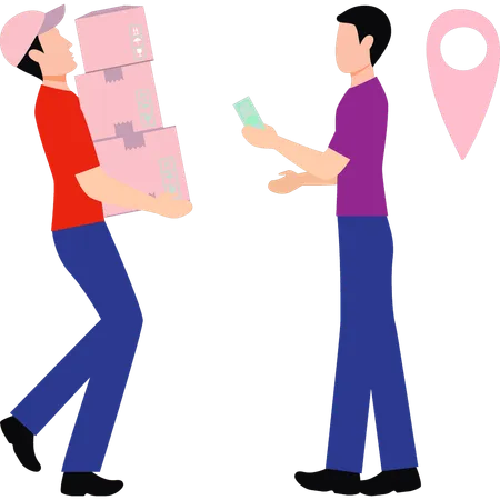 Boy receiving parcel from delivery boy  Illustration
