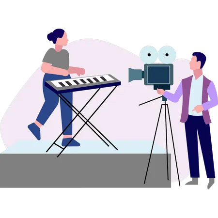 Boy recording girl video while playing piano  Illustration