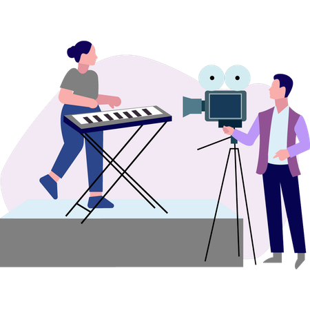 Boy recording girl video while playing piano  Illustration