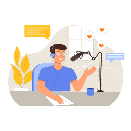 Boy recording podcast in podcast  Illustration