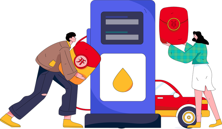 Boy refueling car at gas station  Illustration