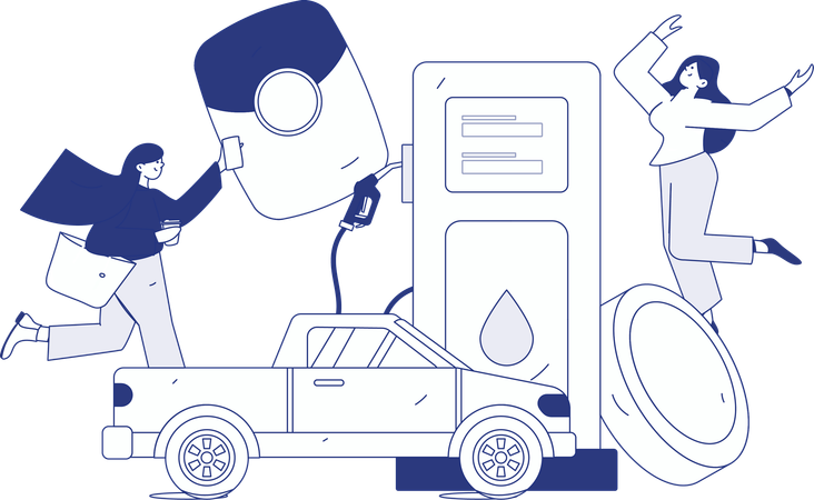 Boy refueling car at gas station  Illustration