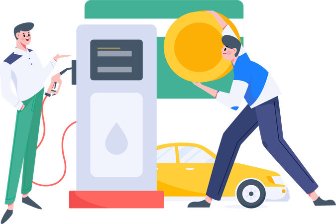 Boy refueling car at gas station  Illustration