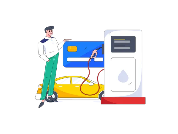 Boy refuelling car at gas station  Illustration