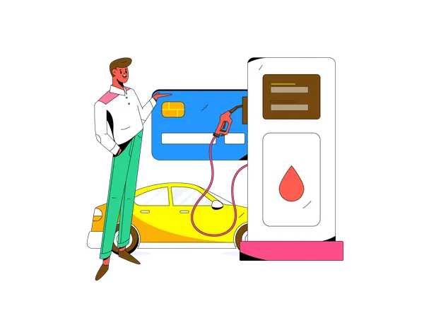 Boy refuelling car at gas station  Illustration