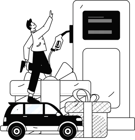 Boy refuelling car at gas station  Illustration