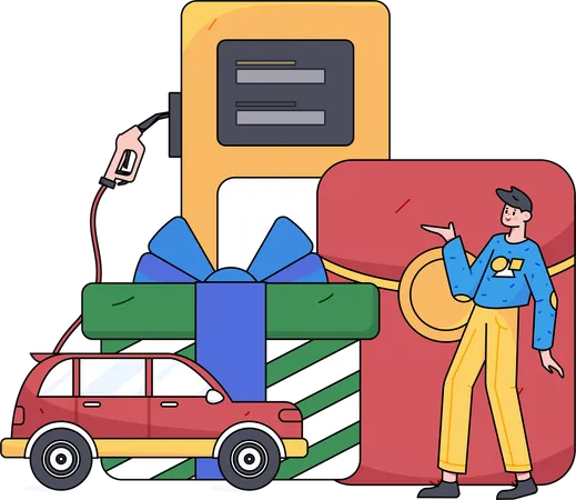 Boy refuelling car at gas station  Illustration