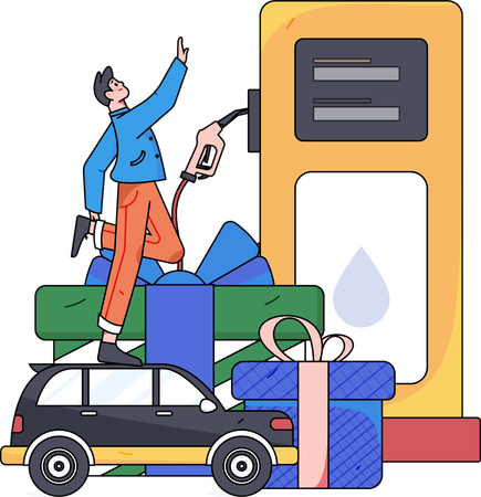 Boy refuelling car at gas station  Illustration