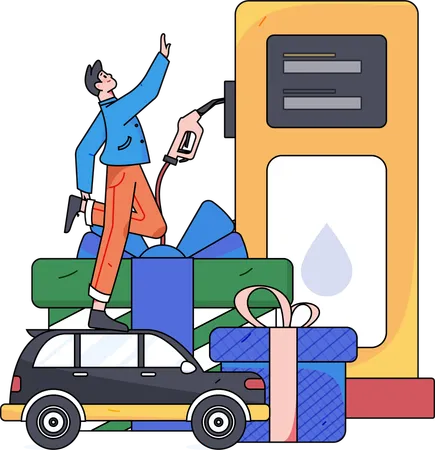 Boy refuelling car at gas station  Illustration