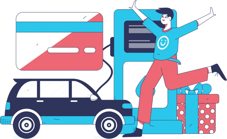 Boy refuelling car at gas station  Illustration