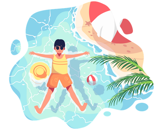 Boy relaxing while floating in sea water Illustration