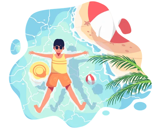 Boy relaxing while floating in sea water Illustration