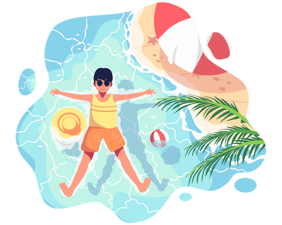 Boy relaxing while floating in sea water  Illustration