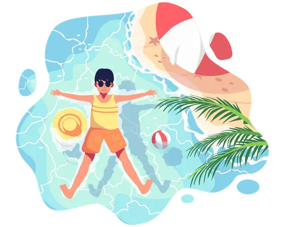 Boy relaxing while floating in sea water  Illustration