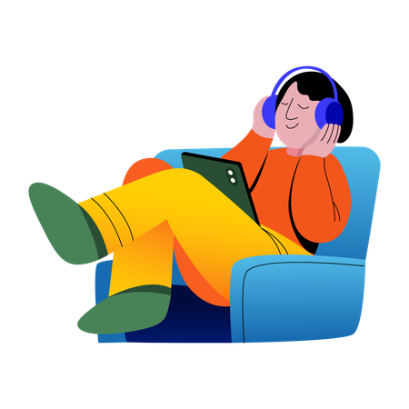 Boy relaxing while listening to music  Illustration