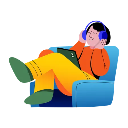 Boy relaxing while listening to music  Illustration