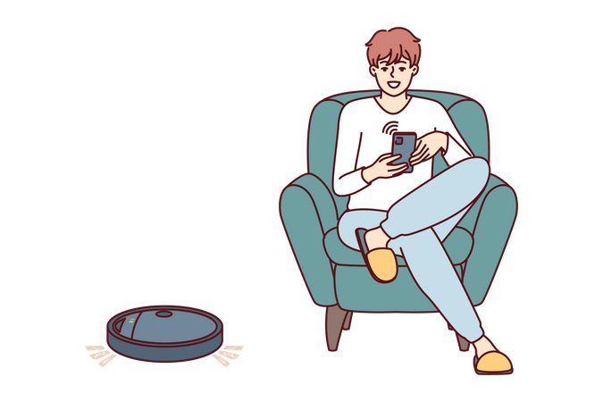 Boy relaxing while smart vacuum cleaner working  Illustration