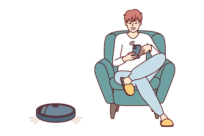 Boy relaxing while smart vacuum cleaner working  Illustration