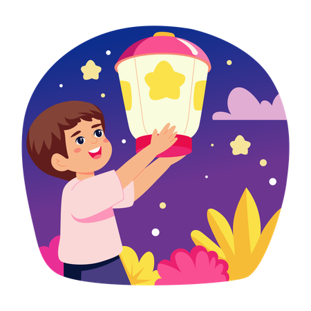 Boy releasing sky lantern  Illustration