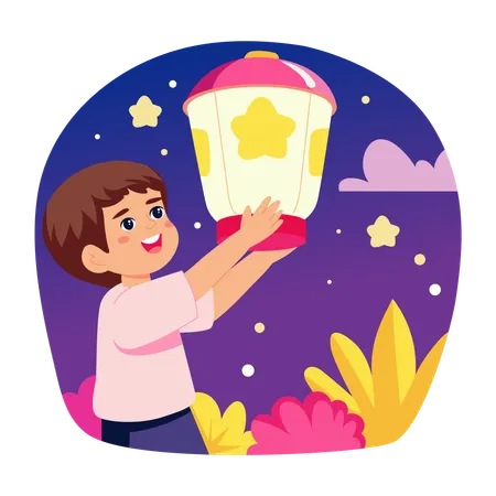 Boy releasing sky lantern  Illustration