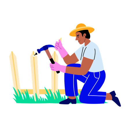 フェンスを修理する少年  イラスト