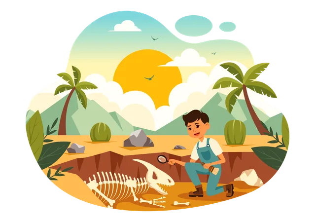 Fossil Vector Illustration Of Archaeologists Discovering Dinosaur Skeletons During Excavations Depicted In A Flat Cartoon Style Background Illustration