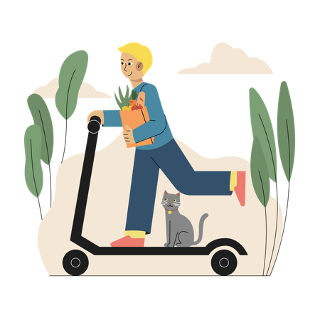 Boy returning home after grocery shopping on kick scooter  Illustration