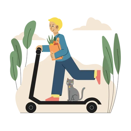 Boy returning home after grocery shopping on kick scooter Illustration
