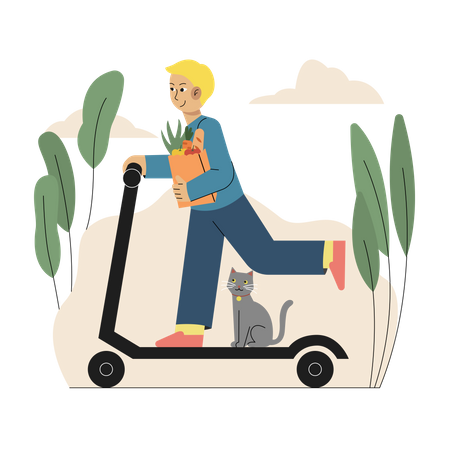 Boy returning home after grocery shopping on kick scooter  일러스트레이션