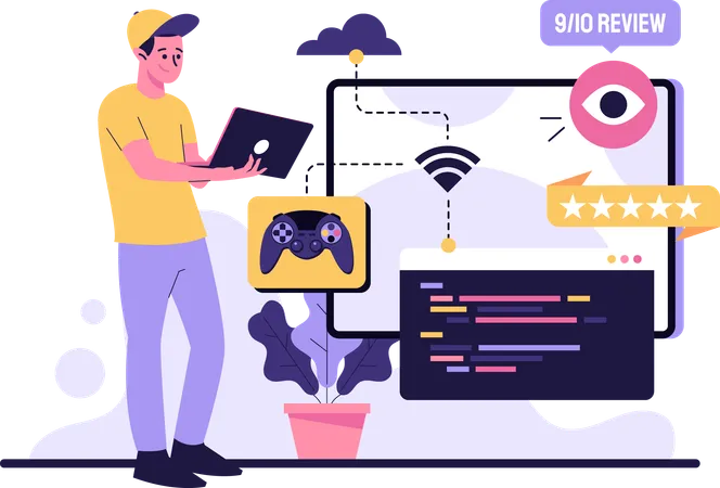 Illustration Of A Man Reviewing A Game Entering The World Of Fun And Games With Dynamic Flat Illustrations And Colorful Visuals In Keeping With The Dynamic Theme These Illustrations Add A Modern Lively Touch To Your Content Ideal For Gaming Platforms Apps Or Game Promotional Materials Illustration