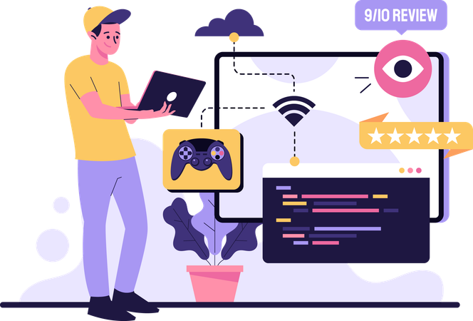 Boy reviewing online game  イラスト
