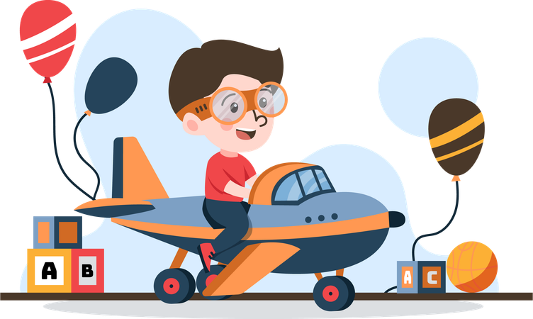 Boy ridding toy airplane  Illustration