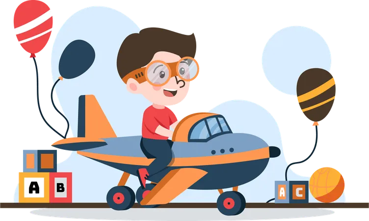 Explore The Joys Of Childhood With Our Charming Flat Illustration Of A Boy Ridding Toy Airplane At Kindergarten Designed For A Kindergarten Theme This Artwork Brings To Life Fun And Exciting Activities For Young Learners Ideal For Educational Materials Websites Or Promotional Materials These Flat Illustrations Add A Fun Touch To Your Content Illustration