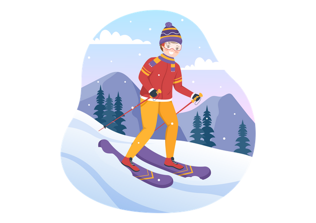 Boy ride ski down from mountain  Illustration